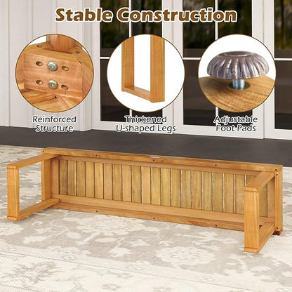 HAPPYGRILL Outdoor Acacia Wood Bench for 3-Person Patio Backless Farmhouse Bench with Slatted Seat, 800 LBS Heavy Duty Dining Bench for Entryway Porch Dining Room (1)