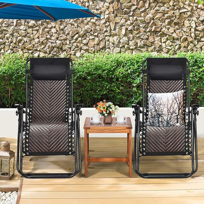 Tangkula Patio Rattan Zero Gravity Lounge Chair, Outdoor Folding Lounge Chair w/Removable Head Pillow, Adjustable Lounge with Widened Armrest & Locking System for Balcony Yard Poolside (2, Coffee)