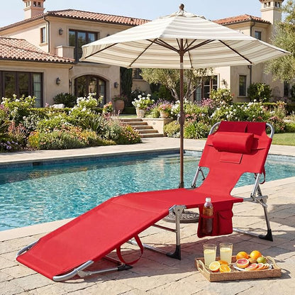 GYMAX Tanning Chair, Folding Beach Lounger with Face Arm Hole, Adjustable Backrest, Side Pocket, Pillow & Carry Handle, Outside Sunbathing Lounge Chair for Patio, Poolside, Lawn (1, Red)