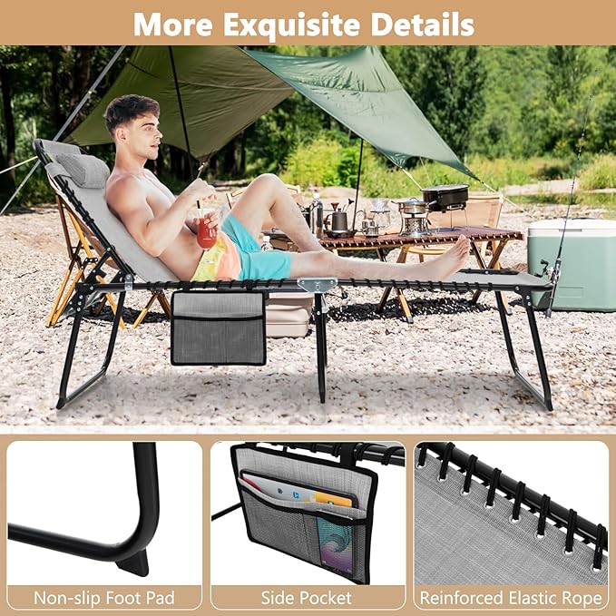 Giantex Patio Lounge Chairs for Outside - Set of 2 Folding Tanning Chair w/Headrest, 4 Adjustable Positions, Side Pocket - Photo 8