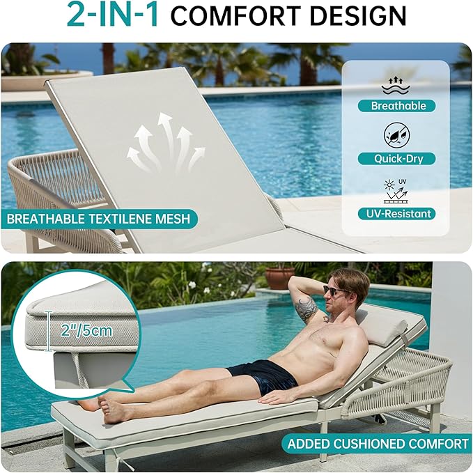 Aluminum Outdoor Lounge Chaise Chair with 2" Thick Cushion & Pillow, 5-Position Adjustable Patio Chaise Lounge with Wheels, 350lbs Capacity Pool Sun Lounge for Deck, Backyard, Beach (1 Chair)