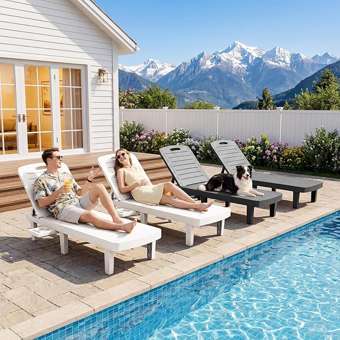 Outdoor Chaise Lounge Set of 6, 5-Position Adjustable Sun Lounge w/Pull-Out Tray, Waterproof PP Lounge Chairs for Outside, Lounge Chairs for Poolside, Patio, Beach, Yard in All Weather,Black