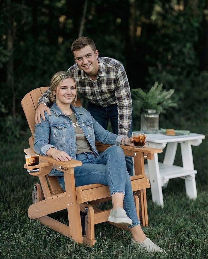 3-Position Adjustable Adirondack Chair with Cup Holder Set of 2, HDPE All-Weather Outdoor Glider Chair, Wood-Grain Fire Pit Chairs for Pool, Yard, Deck (Rustic Teak)