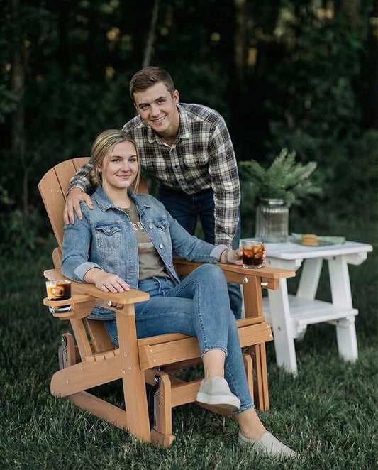 3-Position Adjustable Adirondack Chair with Cup Holder Set of 2, HDPE All-Weather Outdoor Glider Chair, Wood-Grain Fire Pit Chairs for Pool, Yard, Deck (Rustic Teak)
