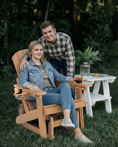 3-Position Adjustable Adirondack Chair with Cup Holder, HDPE All-Weather Outdoor Glider Chair, Wood-Grain Fire Pit Chairs for Pool, Yard, Deck (Rustic Teak)