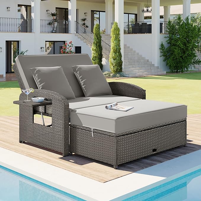 Outdoor Rattan Double Chaise Lounge, 2-Person Reclining Sunbed with 3-Height Adjustable Back - Photo 1