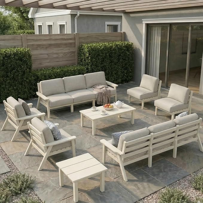 HDPE Patio Furniture Set 10 Seats, Outdoor Couch with Washable Thick Beige Cushions & Coffee Table & Side Table, Outdoor Sectional Furniture for Backyard, Deck, Lawn, Porch (White Frame)