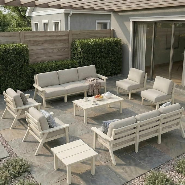 HDPE Patio Furniture Set 10 Seats, Outdoor Couch with Washable Thick Beige Cushions & Coffee Table & Side Table, Outdoor Sectional Furniture for Backyard, Deck, Lawn, Porch (White Frame)