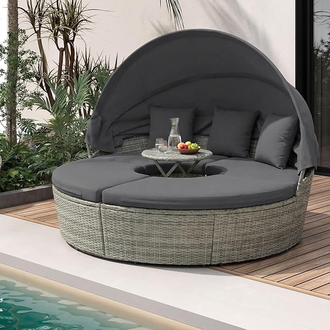 Tangkula Patio Round Daybed with Retractable Canopy, Outdoor Wicker Rattan Furniture Set, Sectional Cushioned Sofa Set with Height Adjustable Coffee Table, Rattan Conversation Set (Grey)