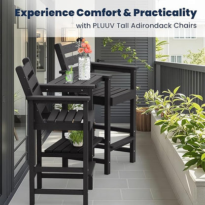 PLUUV Tall Adirondack Chairs Set of 2, All Weather HDPE Poly Bar Height Balcony Adirondack Chair with Removable Double Connecting Trays, Outdoor Adirondack Barstools for Deck, Patio, Yard, Pool, Lawn