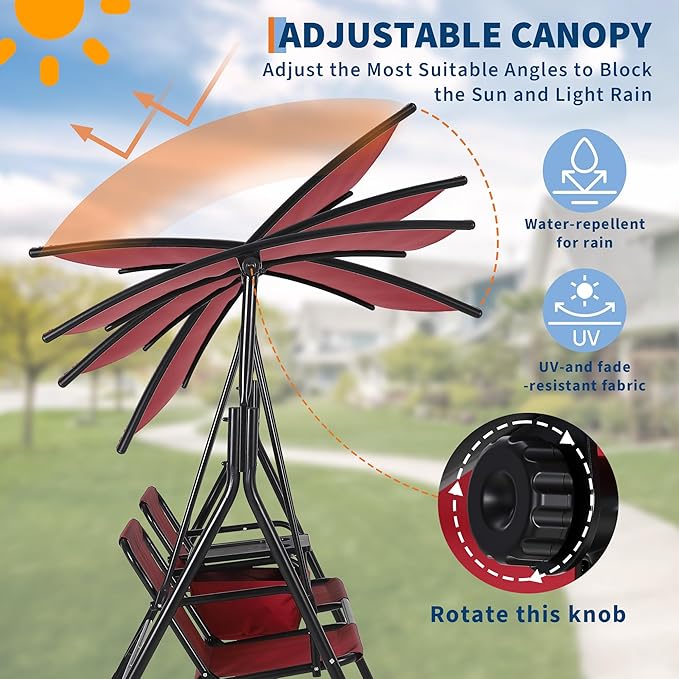 Porch Swing with Cup Holders & Pivot Storage Table & Cooler Bag with Adjustable Canopy for 2 Person Patio Swing for - Photo 2