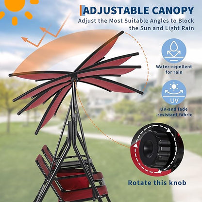 Porch Swing with Cup Holders & Pivot Storage Table & Cooler Bag with Adjustable Canopy for 2 Person Patio Swing for Backyard Balcony Poolside Red