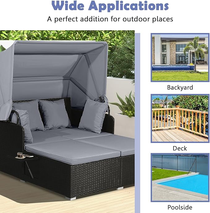 Tangkula Patio Rattan Daybed with Retractable Canopy, Outdoor Wicker Sunbed Lounger with 2 Foldable Side Tables - Photo 9