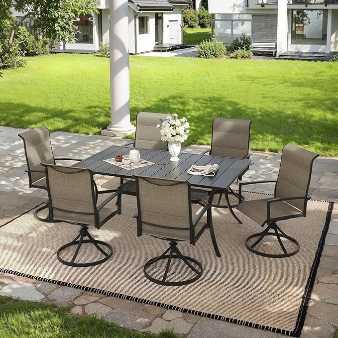 VICLLAX 59" Rectangle Patio Dining Table for 6 Person, Outdoor Metal Slat Table with Umbrella Hole for Porch Backyard Garden Deck, Porch, Black