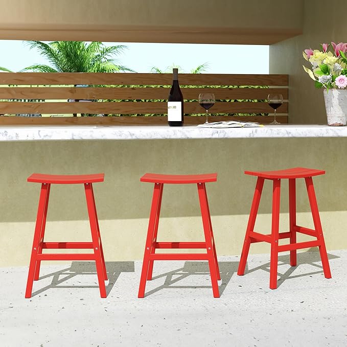 Costaelm All-Weather Bar Stools Set of 3, 29" Height Outdoor Bar Stools, Adirondack Poly Patio Bar Stool for Patio, Deck, Kitchen Counter and Garden, Red