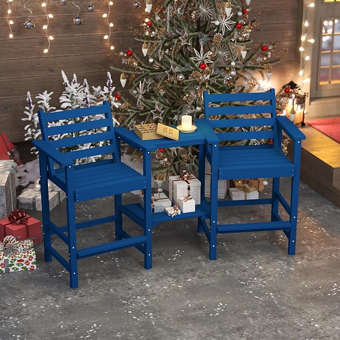 Tall HDPE Adirondack Bar Chairs Set of 2, Outdoor Balcony Bar-Height Chairs with Extra-Large Side Trays & 2" Umbrella Hole, All-Weather Patio Stools for Porch, Deck, Garden (Navy Blue, 2chair)