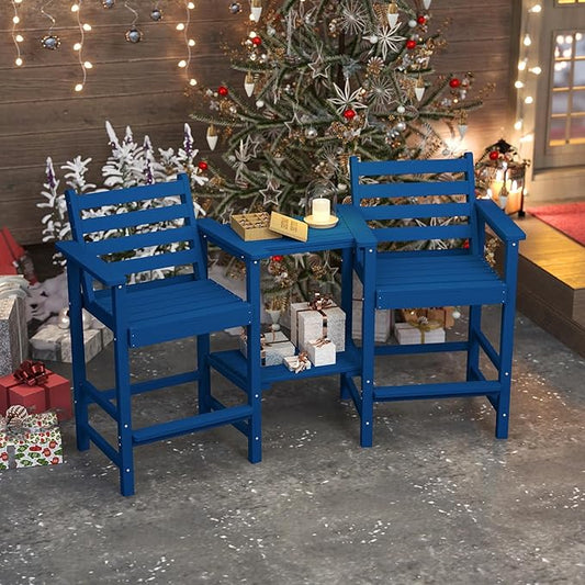 Tall HDPE Adirondack Bar Chairs Set of 2, Outdoor Balcony Bar-Height Chairs with Extra-Large Side Trays & 2" Umbrella Hole, All-Weather Patio Stools for Porch, Deck, Garden (Navy Blue, 2chair)