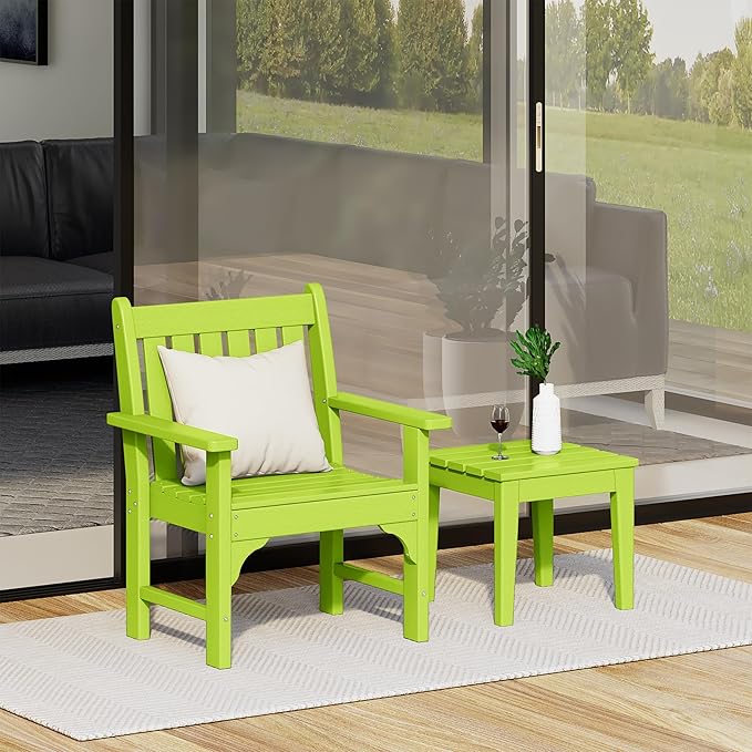 Costaelm Outdoor Patio Table and Chairs Set of 2, 2-Piece HDPE Garden Chair with Square Adirondack Side Table Set, Porch Chairs Coffee Table for Outside Porch Backyard, Lime