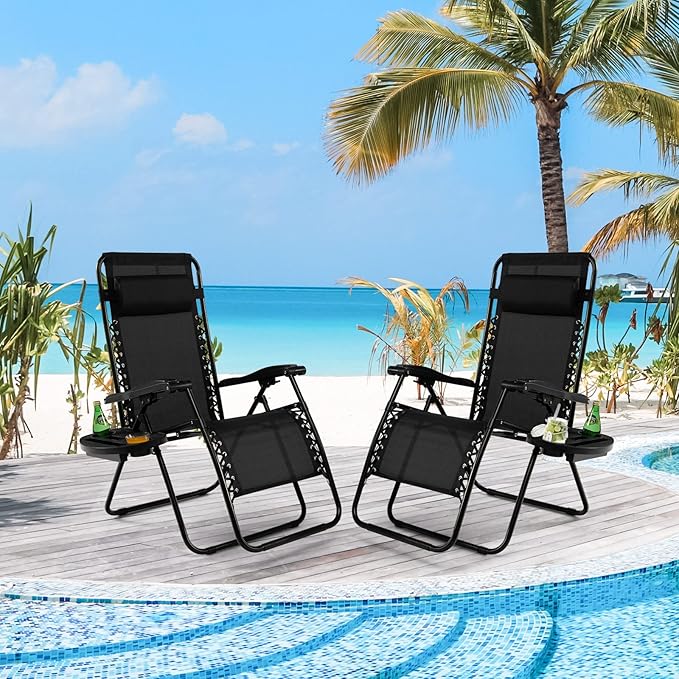 Tangkula Set of 2 Zero Gravity Chair, Folding Patio Lounge Chair Adjustable Outdoor Recliner with Cup Holder - Photo 2
