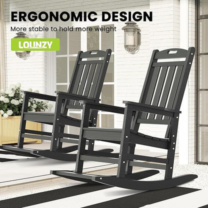LOUNZY Outdoor Rocking Chair, HDPE Patio Rocking Chair with Footboard for Adults, All Weather Heavy Duty Front Porch Rocker, Grey