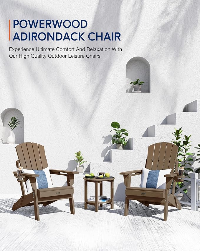 Adirondack Chair with Cup Holder: Folding Adirondack Chairs Plastic HDPE Material Furniture - Composite Fire Pit Chairs Foldable for Outdoor/Backyard/Garden/Lawn/Deck/Porch/Patio