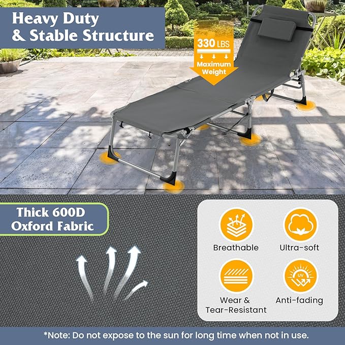 Tangkula Tanning Chair, Outdoor Folding Beach Lounge Chair with Face Hole, Adjustable Footrest, Removable Pillow - Photo 8