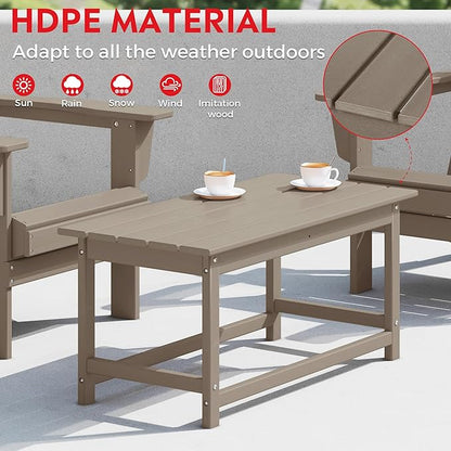 Costaelm 4-Piece Set Outdoor/Patio Poly Adirondack Chairs with a Coffee and a Side Table (2 Seater), Weathered Wood