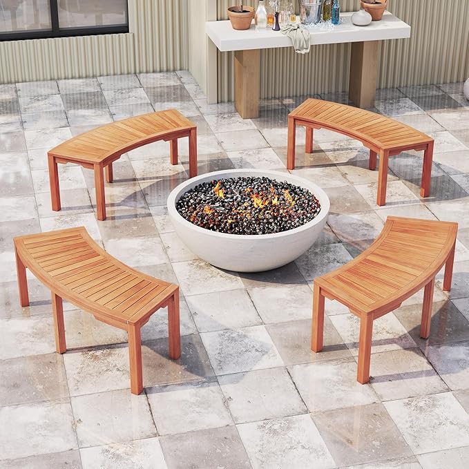 Moccha Outdoor Curved Bench, Acacia Wood Fire Pit Bench w/Slatted Seat, Loveseat, Outside Chair, Patio Backless 2-Person Seating for Balcony Yard Deck Porch 800 LBS Max Load (4, Natural)