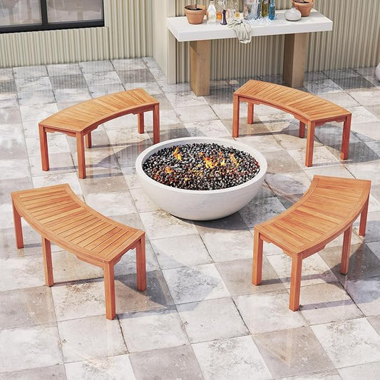 Moccha Outdoor Curved Bench, Acacia Wood Fire Pit Bench w/Slatted Seat, Loveseat, Outside Chair, Patio Backless 2-Person Seating for Balcony Yard Deck Porch 800 LBS Max Load (4, Natural)