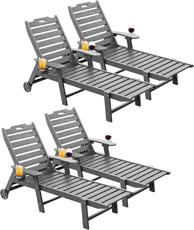 Carauci Lounge Chair Outdoor Set of 4, HDPE Chaise Lounge with Wheels - Photo 1