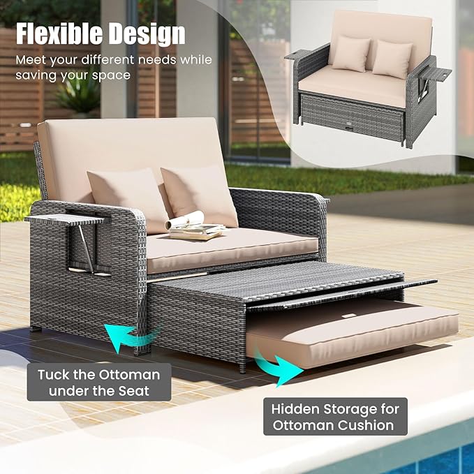 LDAILY Moccha Outdoor Daybed, Wicker Loveseat Sofa Set with 4-Postion Adjustable Backrest, Storage Ottoman, Cushions - Photo 6