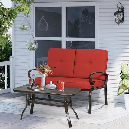 Incbruce Patio Loveseat with Coffee Table - Outdoor Bench with Cushion,2 Piece Wrought Iron Outdoor Loveseat Metal Frame Porch Furniture Set Bench for Patio, Poolside, Garden (Red)