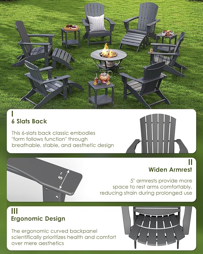 GREENVINES Adirondack Chairs Set of 2 | HDPE Plastic | Oversized Fire Pit Chair | All Weather | Grey | Poly Lumber | for Outdoor Deck Backyard Patio