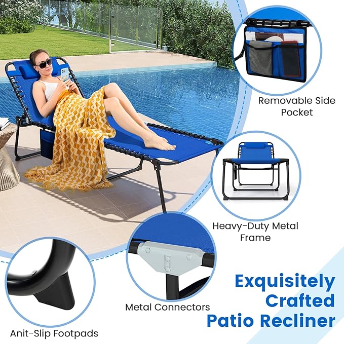 Goplus Chaise Lounge Chair Outdoor, Extra Large Folding 5-Postion Beach Bed with Detachable Pillow, Side Pocket, Adjustable Sunbathing Tanning Chair for Patio Lawn Pool Yard