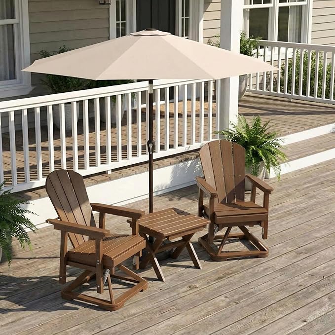 HDPE Outdoor Swivel Glider Chair Set of 2 with Folding Side Table & 9FT Patio Umbrella, Adirondack Wooden Textured Swivel Chairs for Porch, Balcony, Poolside, Backyard (Teak)