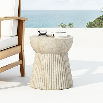 Christopher Knight Home Dila Patio Side Table, Lightweight Concrete End Table, Small Coffee Table, Garden Stool, Decorative Accent Table, Round Table Top, Side Table for Poolside Balcony, Travertine
