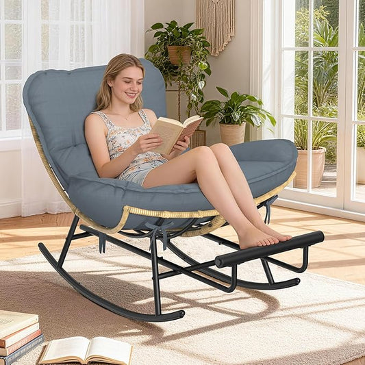 ZENPETIO Outdoor Rocking Chair - Oversized Metal Frame Papasan Rocking Chair with All Weather PE Wicker Rattan Rocker and Footrest for Patio, Balcony, Porch, Lawn and Living Room - Grey