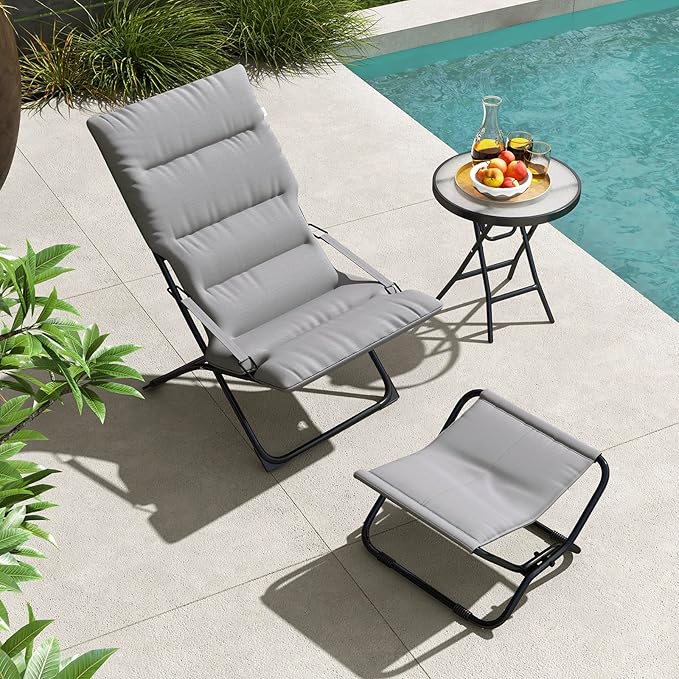 Abba Patio Heavy-Duty Outdoor Chaise Lounge Chair, Reclining Folding Camping Chair with Removable Footrest, All-Weather Portable Patio Furniture for Poolside, Beach, Lawn, Indoor Outdoor Use, Grey