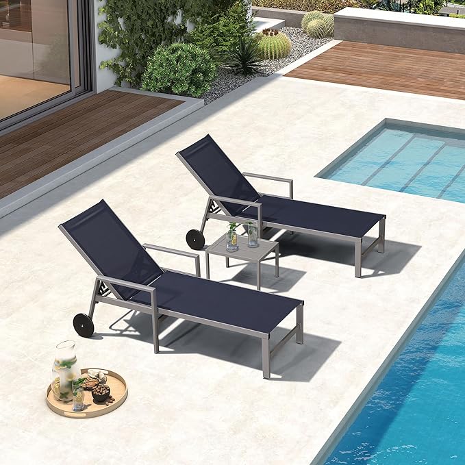 PURPLE LEAF Outdoor Chaise Lounge Set for 2 Aluminum Patio Chaise Lounger Chairs with Armrest and Wheels Adjustable Pool Chaise Lounge Chair for Beach Yard Poolside Table Included, Navy Blue