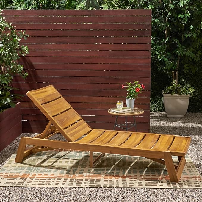 Maki Acacia Wood & Iron Outdoor Chaise Lounge - Adjustable & Breathable for Poolside or Patio