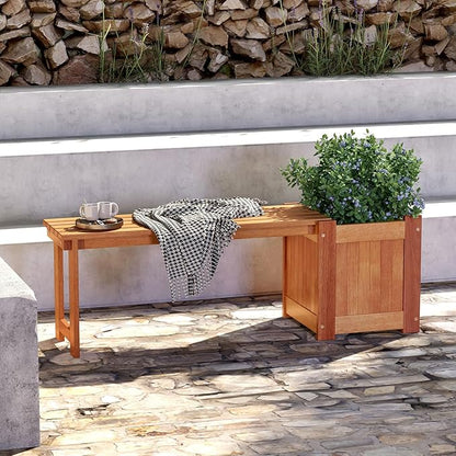 Bench with Planter Box, 2 in 1 Wooden Flower Box Kit with Seat, Open-Ended Base & Slotted Construction, Outdoor Plant Container for Garden, Yard, Balcony (Natural)