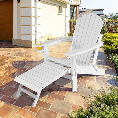 Giantex Folding Adirondack Chair, HDPE Patio Chairs Fire Pit Lounge Chair W/Retractable Ottoman & Cup Holder, Weatherproof Outdoor Adirondack Chairs for Porch, Garden, Backyard (1, White)