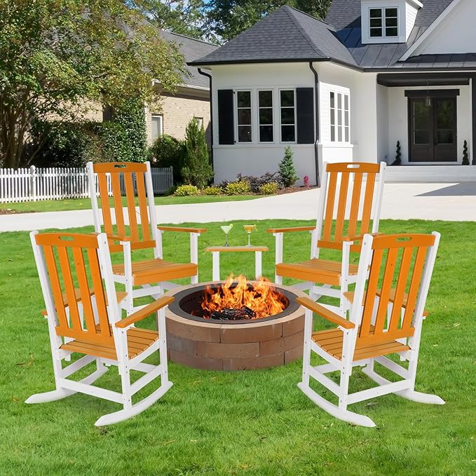 Aoodor Outdoor Rocking Chair, Ergonomic HDPE Rockers with All-Weather Design for Patio or Porch, Clashing Colors, Orange and White,Set of 2