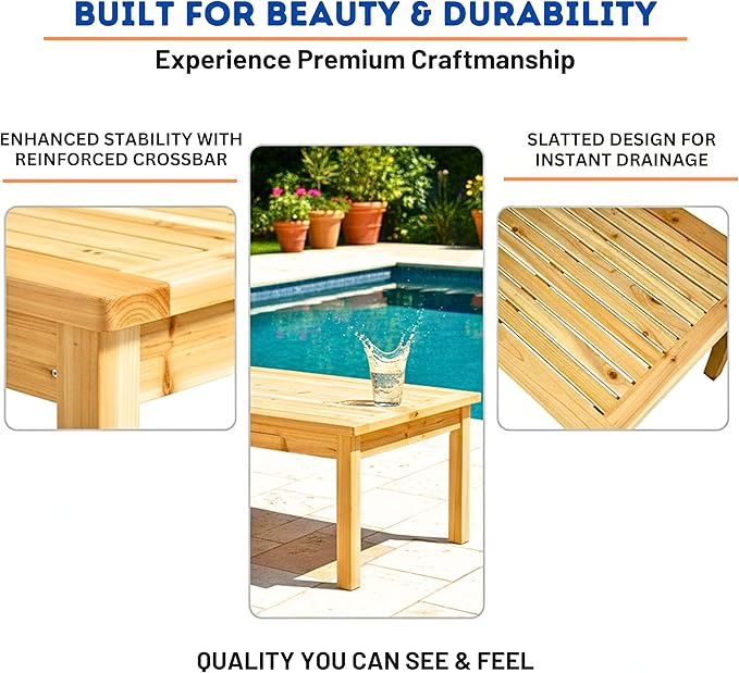 44 Inch Outdoor Cedar Coffee Table, Solid Cedar Wood Farmhouse Side Table with Slatted Top, Patio, Garden, Deck - Photo 6