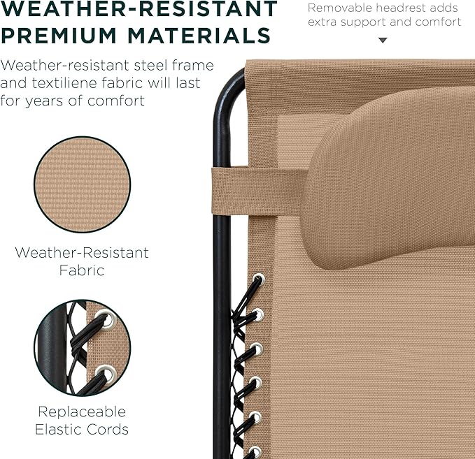 Best Choice Products Oversized Zero Gravity Chair, Folding Outdoor Patio Lounge Recliner w/Cup Holder Accessory Tray, Pillow - Tan