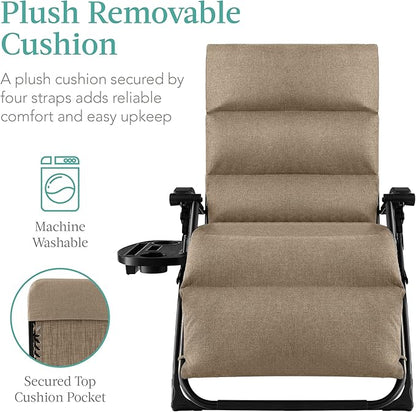Best Choice Products Oversized Zero Gravity Chair, Folding Outdoor Patio Recliner, XL Anti Gravity Lounger w/Removable Cushion, Cup Holder, Side Tray, 350lb Capacity - Wheat