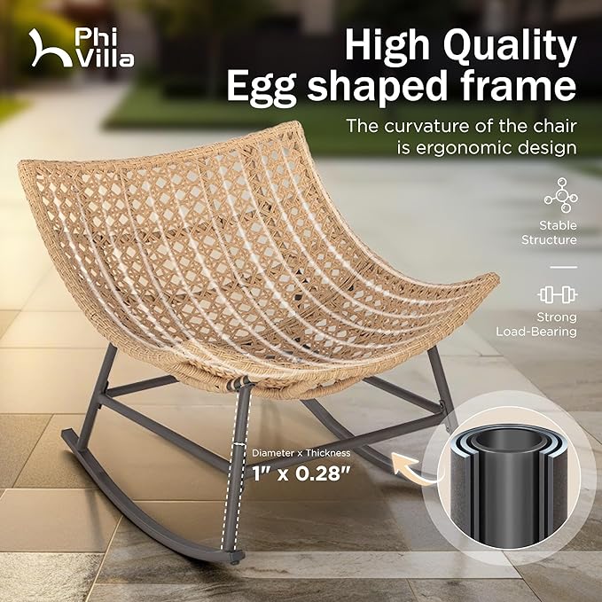 PHI VILLA Outdoor Rocking Chair with Footstool, Modern Wicker Papasan Egg Chair with Thick Comfy Cushion - Photo 7