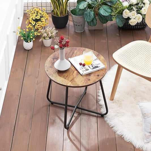 VECELO 17.7 inch Small Round Outdoor Side Table,Patio End Table,Waterproof Wood Table with Weather Resistant Steel Adjustable Feet for Living Room Bedroom Garden Yard Balcony Porch Poolside
