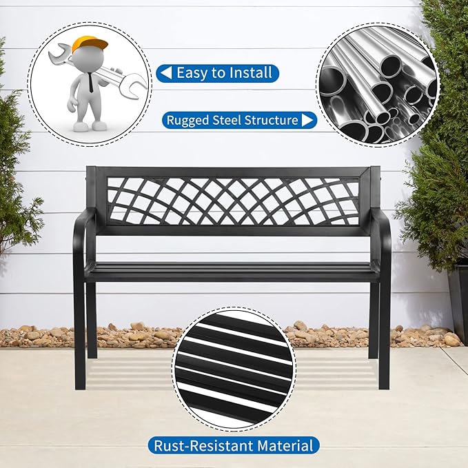 YRLLENSDAN Outdoor Bench 45in Metal Garden Bench All Weather Patio Bench for Outdoors with Backrest and Armrest for Patio, Park, Lawn, Deck w/Mesh Pattern Accent, Antique Finish - Black