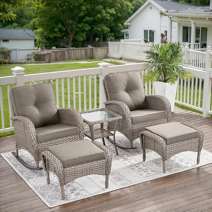 Belord 5 Piece Patio Rocking Chairs Furniture Set - Outdoor Wicker Furniture with Ottomans and Side Table - Photo 1